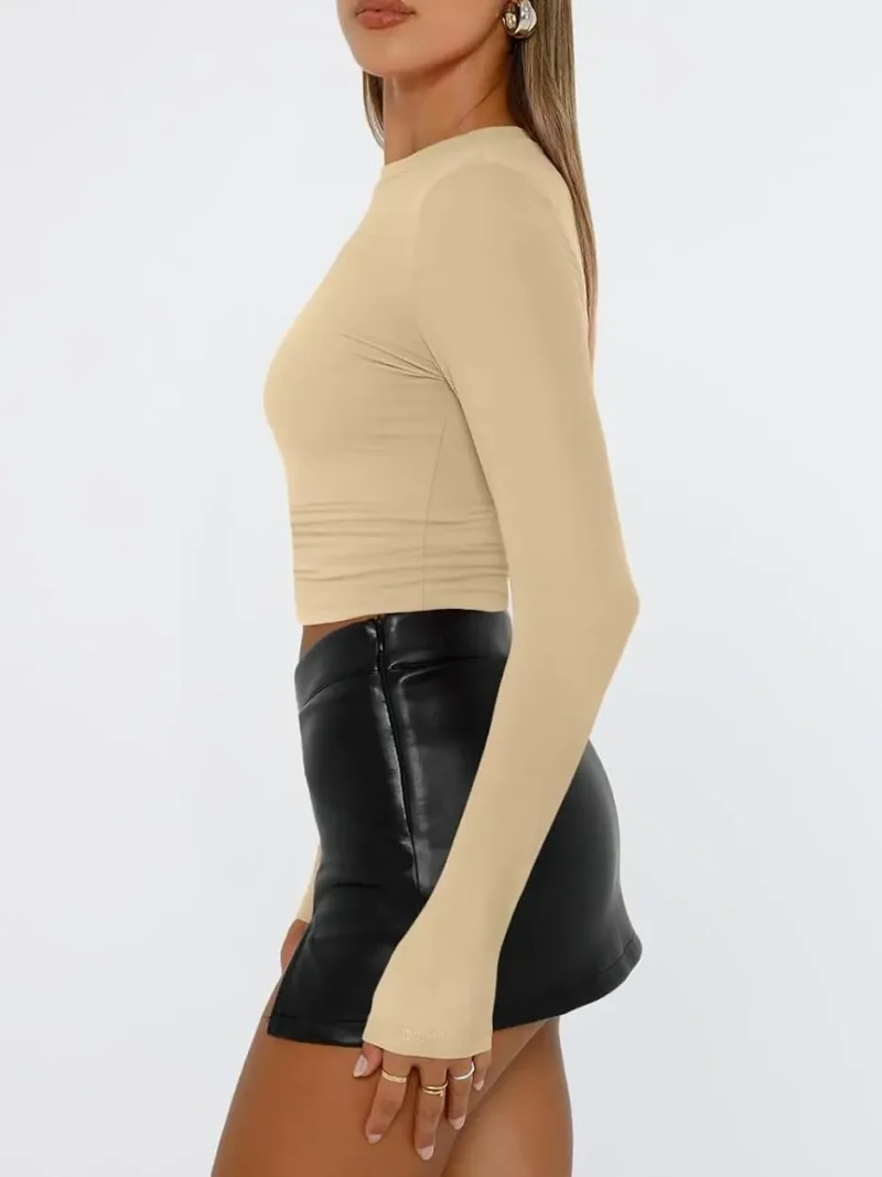 Womens Long Sleeve Shirts Fall Fashion 2025 Khaki Color - Image 3