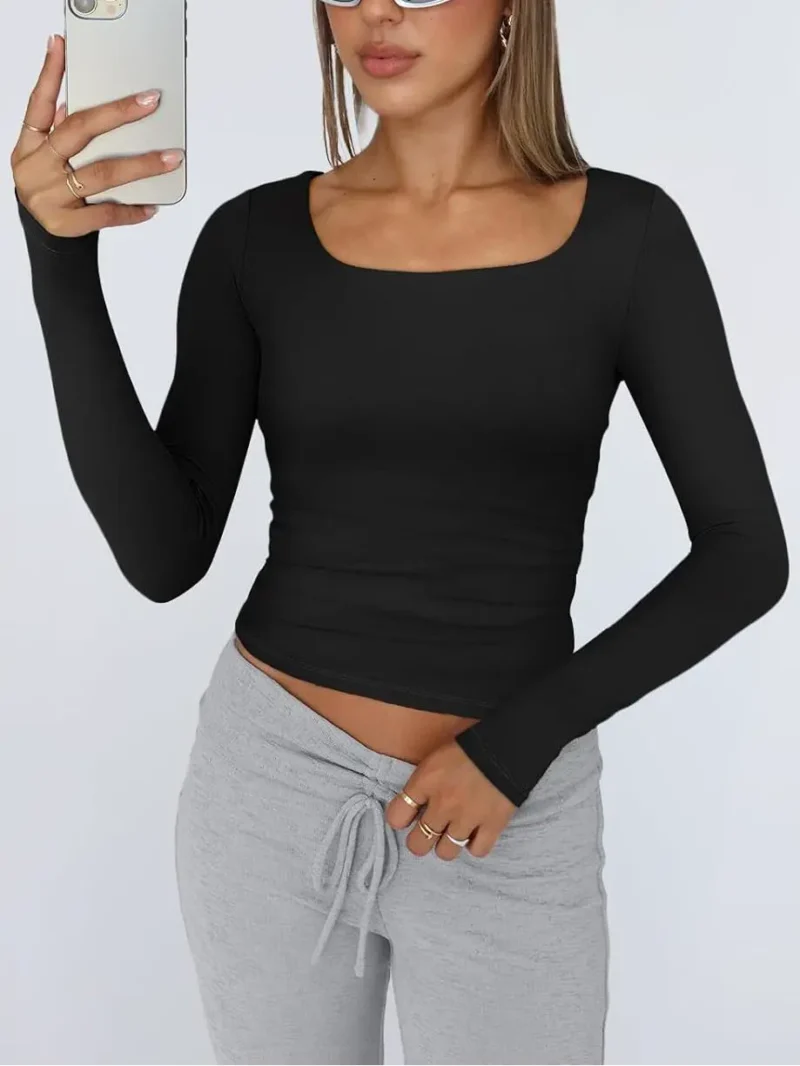 Womens Long Sleeve Shirts Fashion 2025 Square Neck Black Color - Image 2