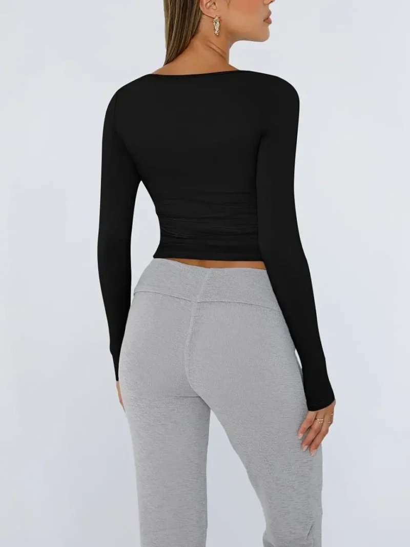 Womens Long Sleeve Shirts Fashion 2025 Square Neck Black Color - Image 3