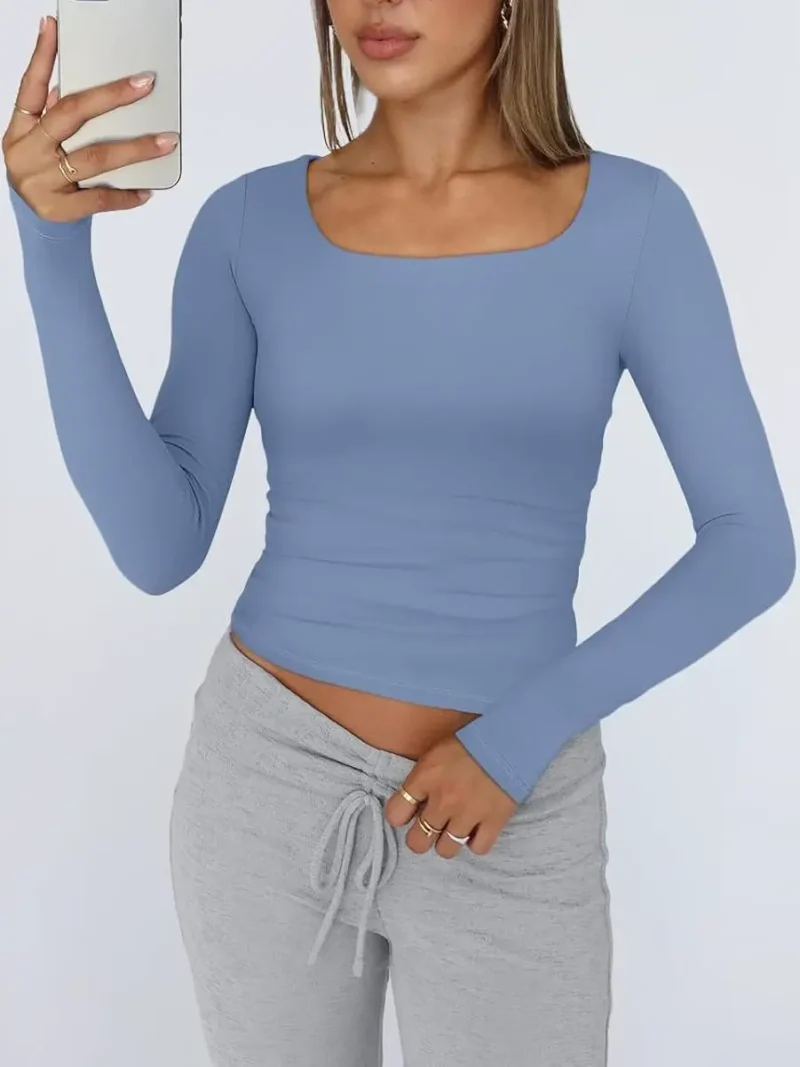 Womens Long Sleeve Shirts Fashion 2025 Square Neck Blue Color - Image 2