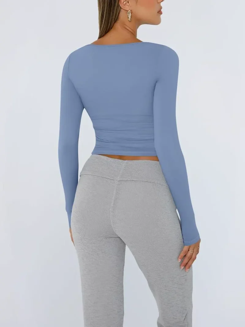 Womens Long Sleeve Shirts Fashion 2025 Square Neck Blue Color - Image 3