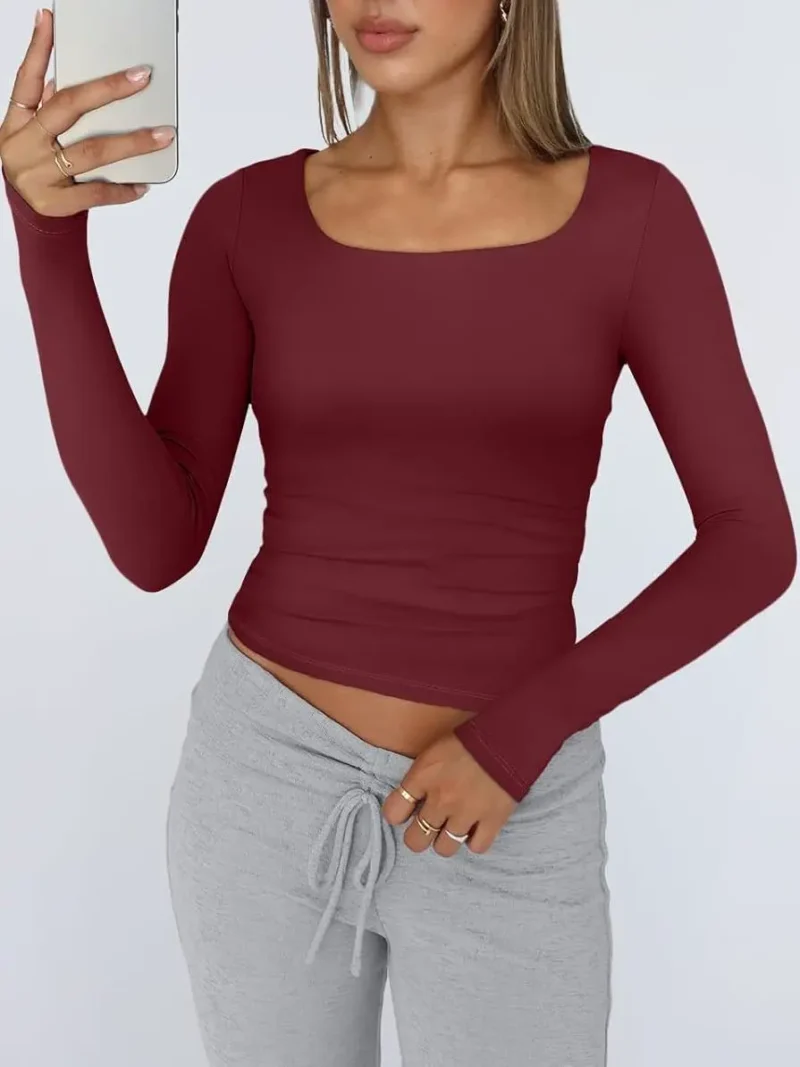 Womens Long Sleeve Shirts Fashion 2025 Square Neck Wine Red Color - Image 6