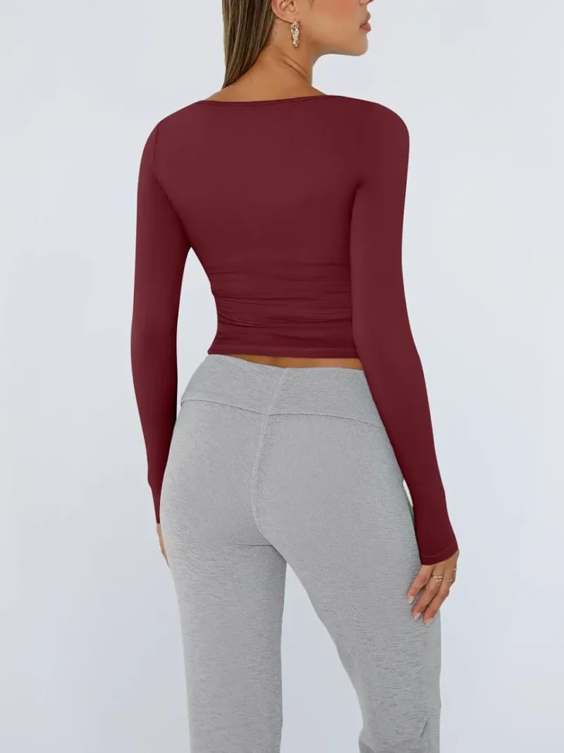 Womens Long Sleeve Shirts Fashion 2025 Square Neck Wine Red Color - Image 7