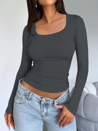 Womens Long Sleeve Shirts Fashion 2025 Square Neck Gray Color