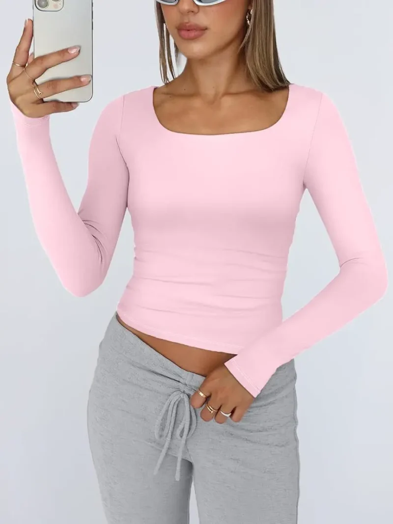 Womens Long Sleeve Shirts Fashion 2025 Square Neck Pink Color - Image 2