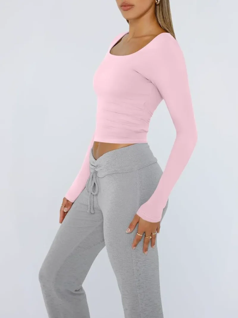 Womens Long Sleeve Shirts Fashion 2025 Square Neck Pink Color - Image 3