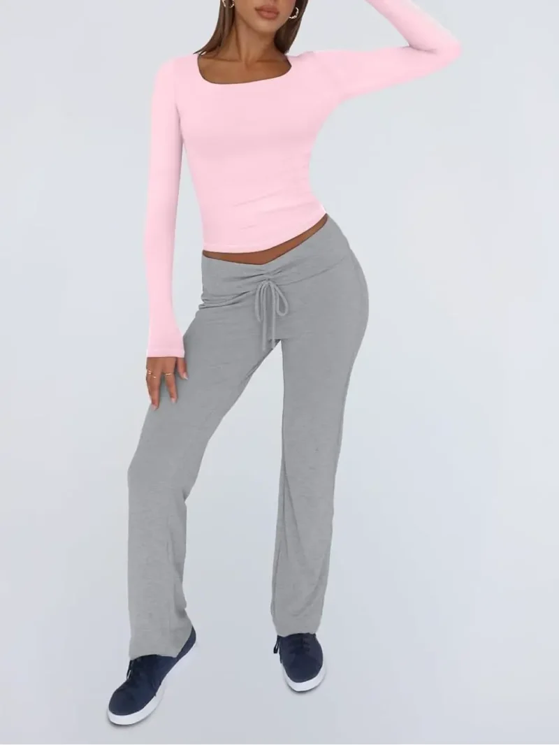 Womens Long Sleeve Shirts Fashion 2025 Square Neck Pink Color - Image 5