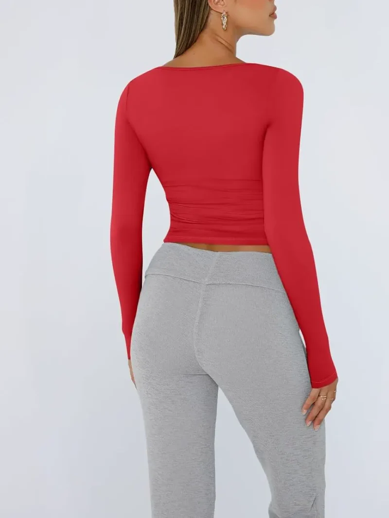 Womens Long Sleeve Shirts Fashion 2025 Square Neck Wine Red Color - Image 3