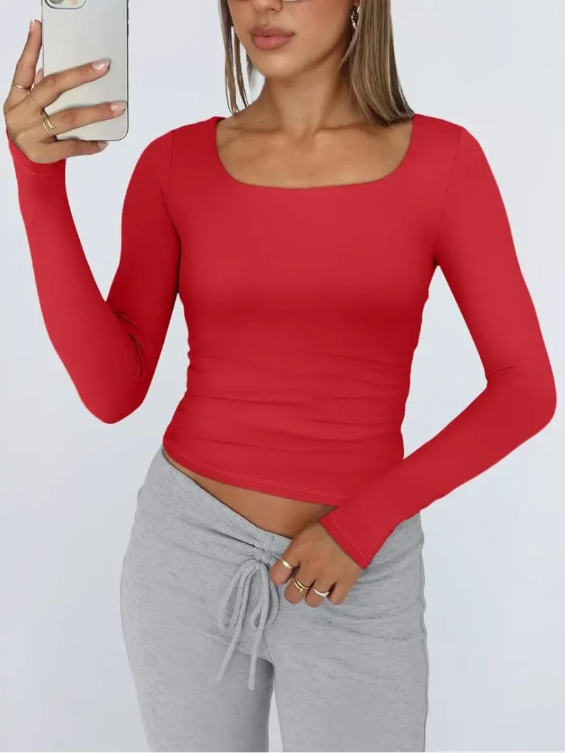 Womens Long Sleeve Shirts Fashion 2025 Square Neck Wine Red Color - Image 2