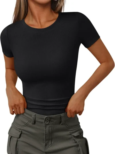Womens Crewneck Ribbed Knit T-Shirt Black Color