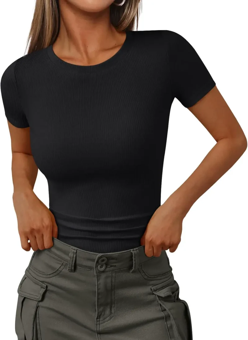 Womens Crewneck Ribbed Knit T-Shirt Black Color