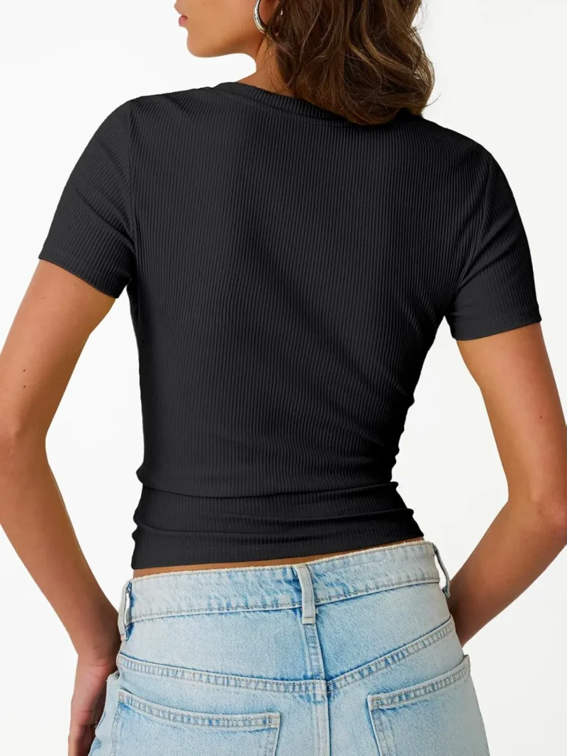 Womens Crewneck Ribbed Knit T-Shirt Black Color - Image 3