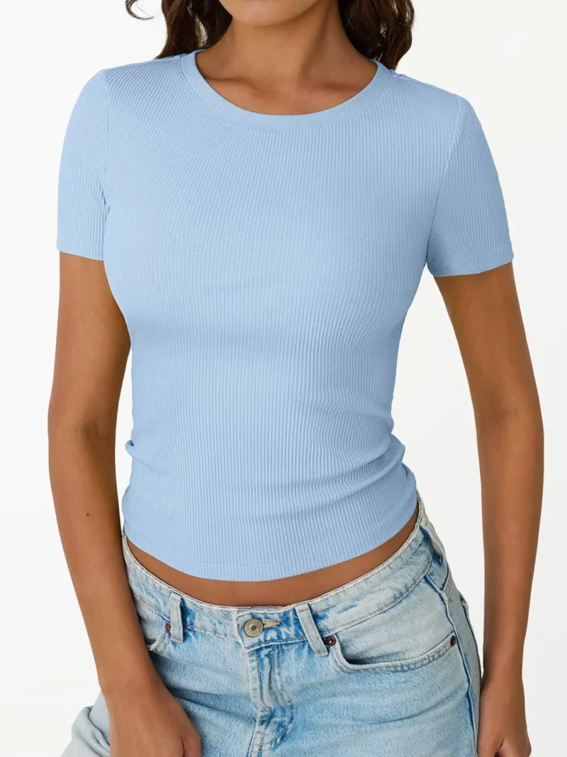 Womens Crewneck Ribbed Knit T-Shirt Blue Color - Image 5