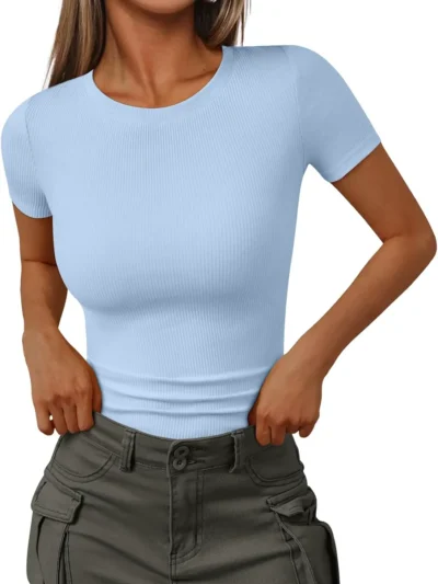 Womens Crewneck Ribbed Knit T-Shirt Blue Color