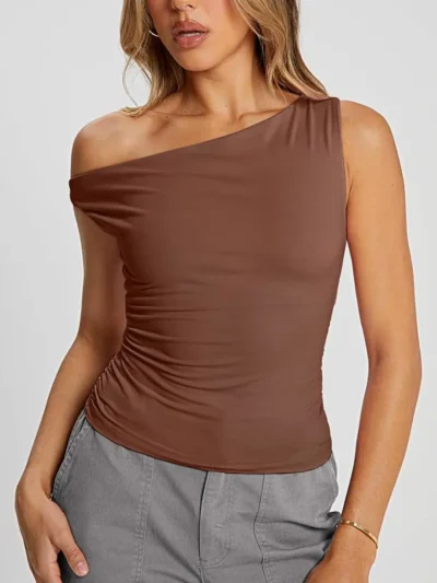 Womens Summer Off The Shoulder Tops Brown Color