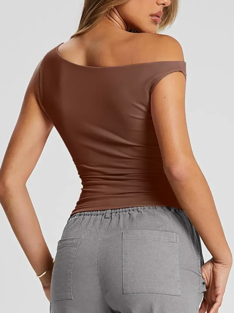 Womens Summer Off The Shoulder Tops Brown Color - Image 3