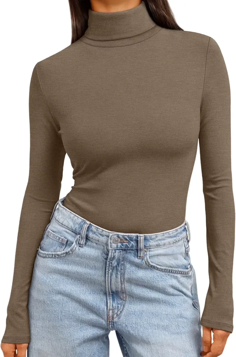 Women's Turtleneck Thermal Tops Brown Color