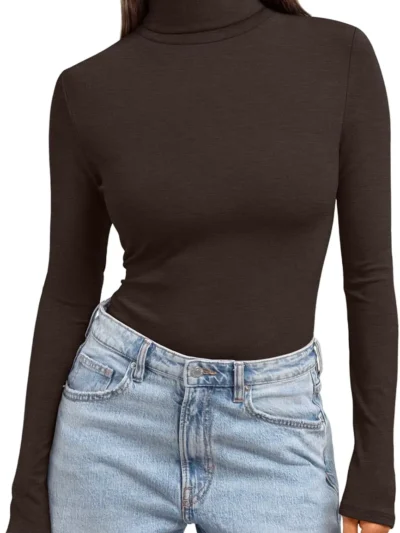 Women's Turtleneck Thermal Tops Coffee Color