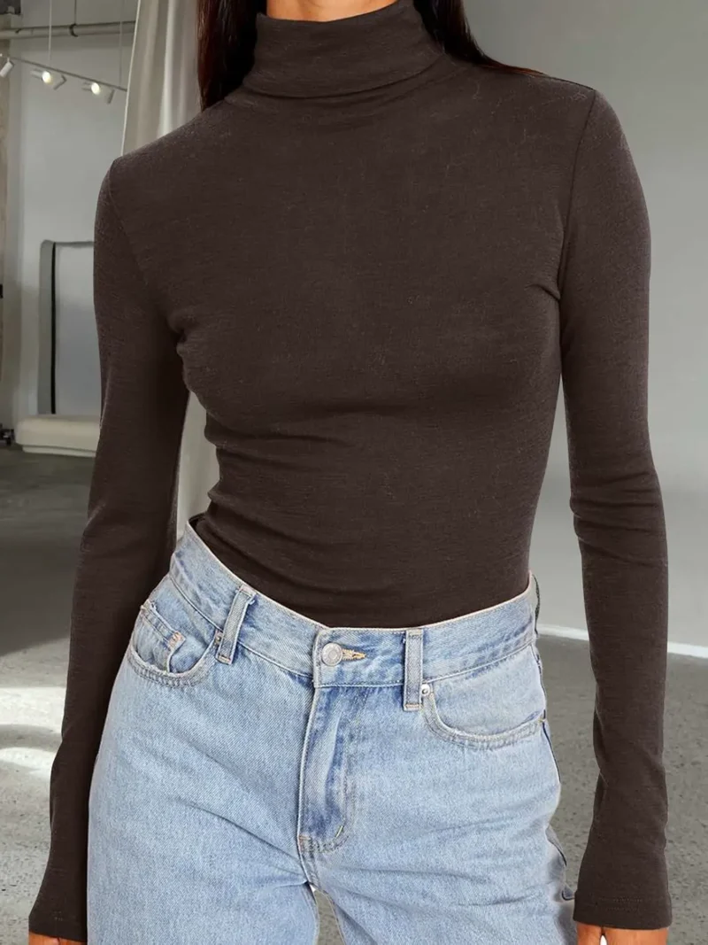 Women's Turtleneck Thermal Tops Coffee Color - Image 6
