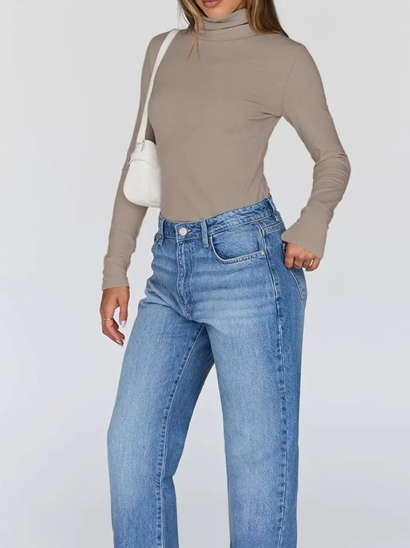 Women's Turtleneck Thermal Tops Khaki Color - Image 3