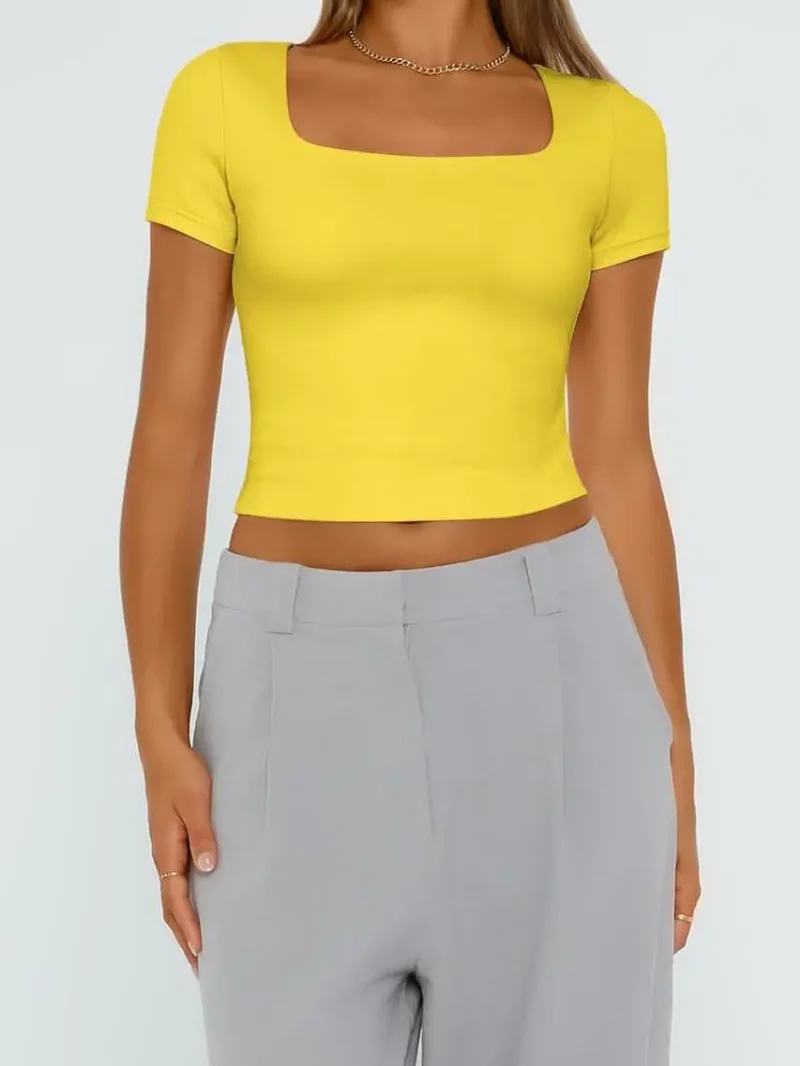Yellow Color Womens Double Lined Going Out Crop T-Shirts - Image 2