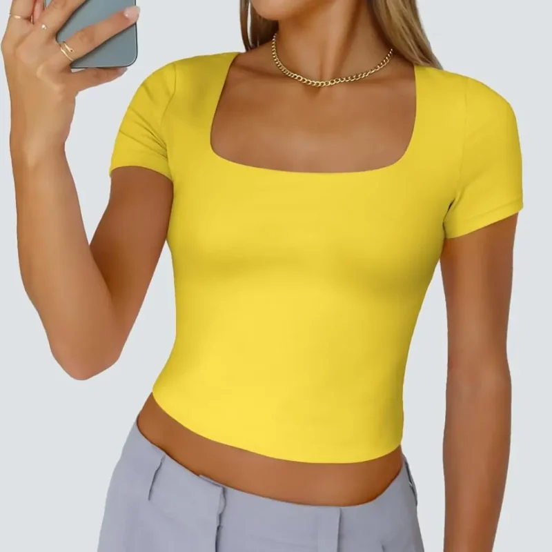 Yellow Color Womens Double Lined Going Out Crop T-Shirts - Image 5