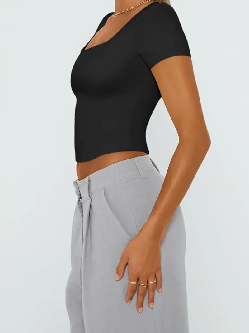 Black White Color Womens Double Lined Going Out Crop T-Shirts - Image 2