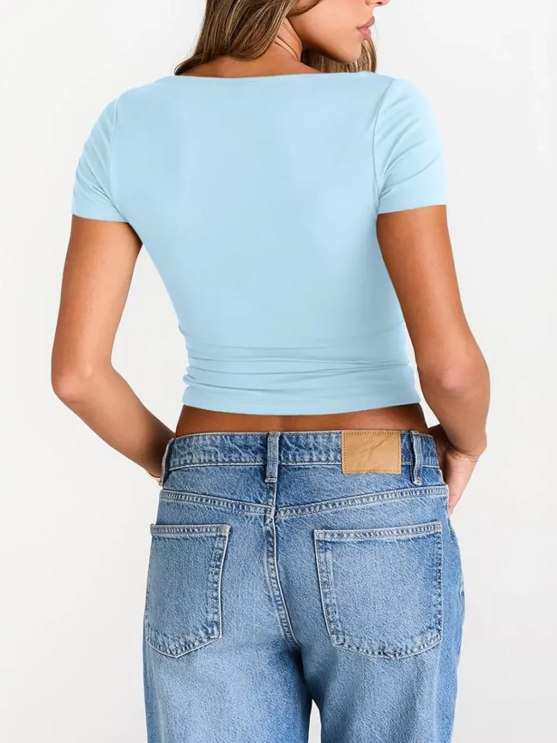 light Blue Color Womens Boat Neck Tops Short Sleeve T-Shirts - Image 5
