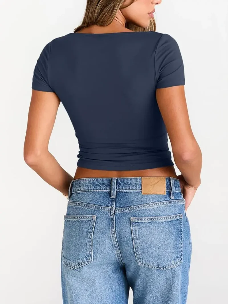 light Blue Color Womens Boat Neck Tops Short Sleeve T-Shirts - Image 3