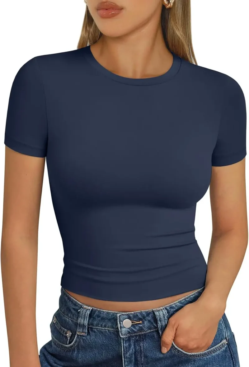 Blue Color Womens Tops 2025 Short Sleeve Crop T Shirts