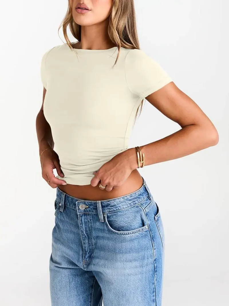 Black White Color Womens Boat Neck Tops Short Sleeve T-Shirts - Image 4