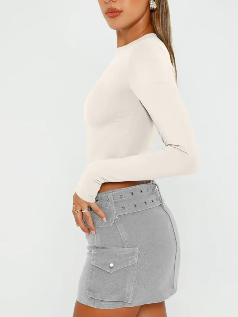 Black White Color Womens Long Sleeve Crop Slim T Shirts - Image 6