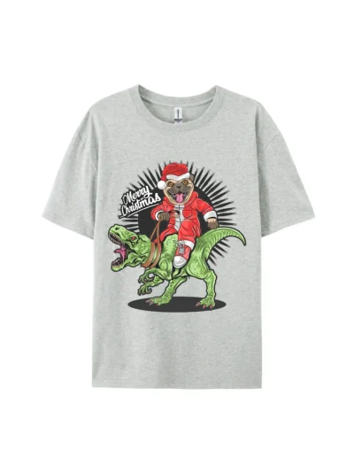 Merry Christmas Dog Riding Dinosaur Graphic Tee