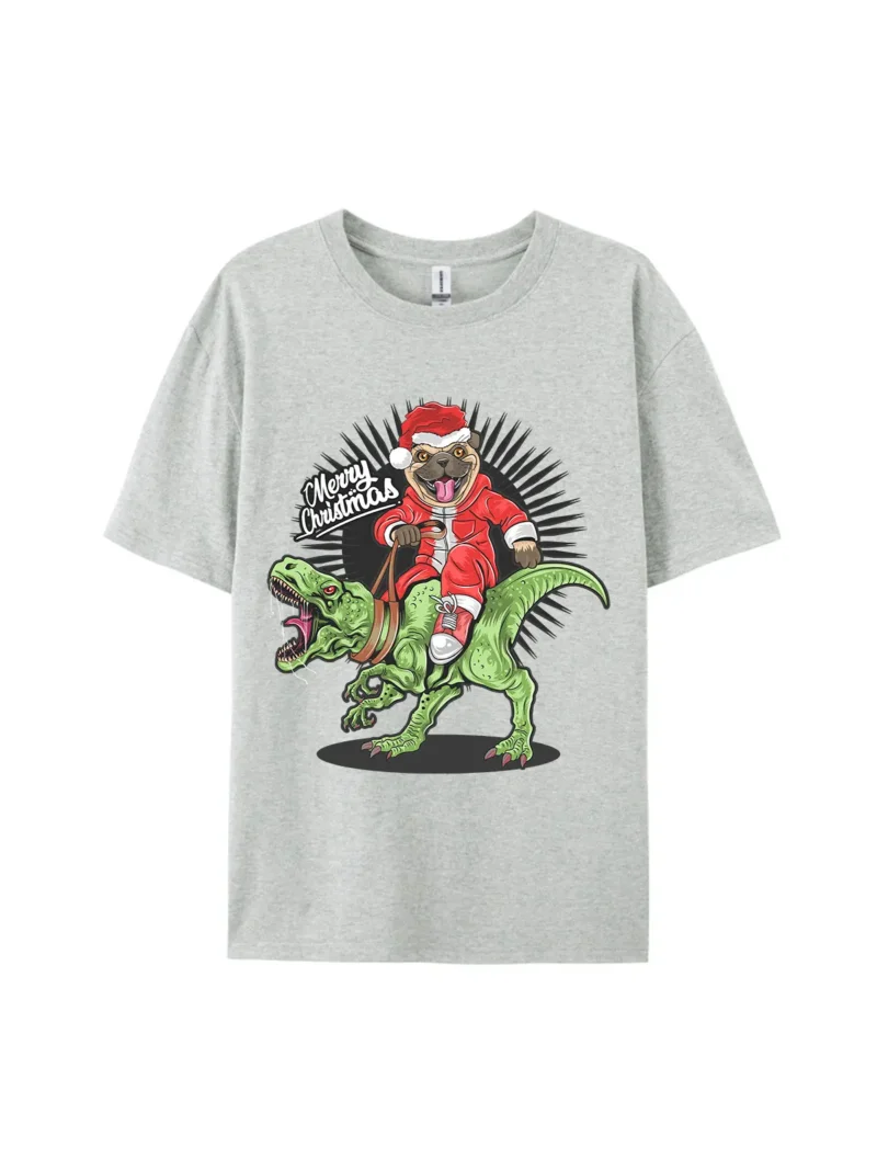 Merry Christmas Dog Riding Dinosaur Graphic Tee