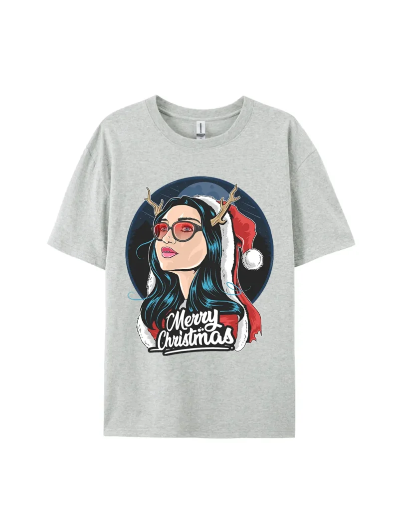 Woman Santa Claus in Deer Ear Graphic Tee