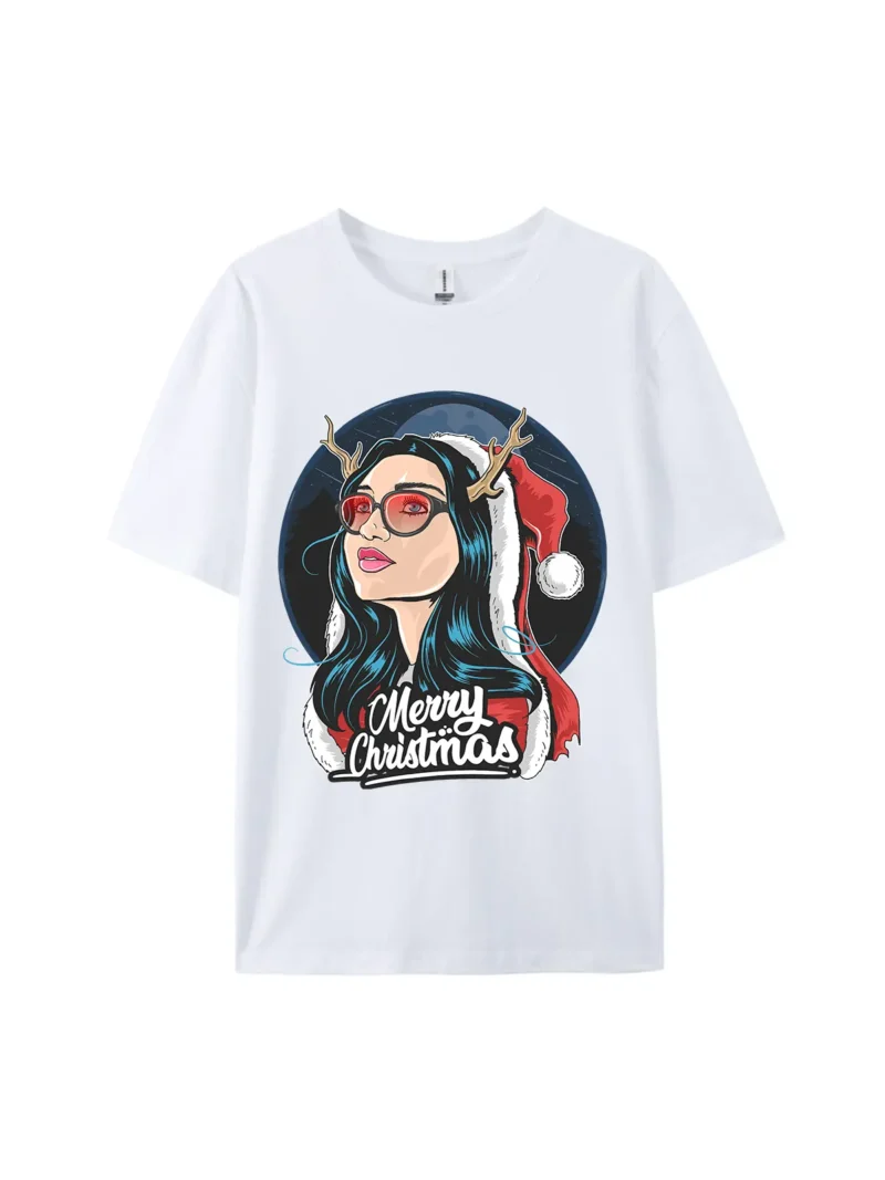 Woman Santa Claus in Deer Ear Graphic Tee - Image 3