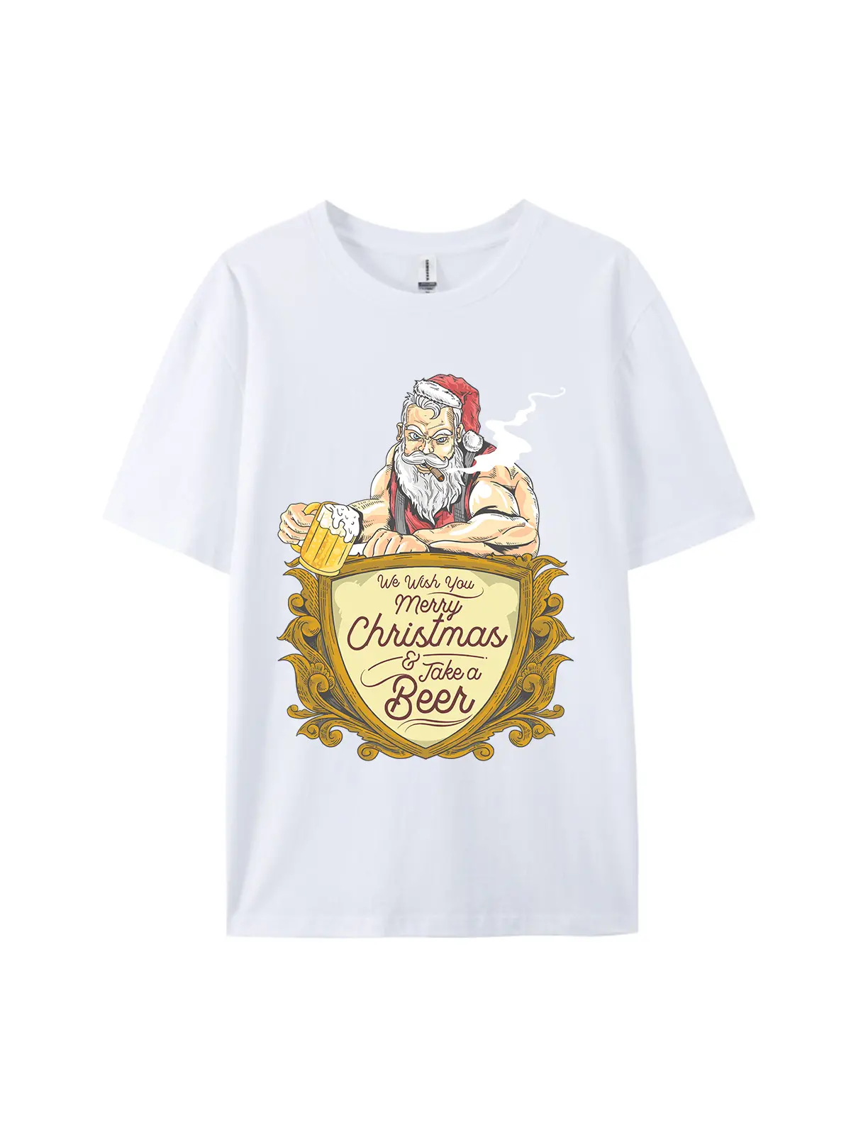 Muscular Santa Claus & Beer Graphic Tee - Image 3