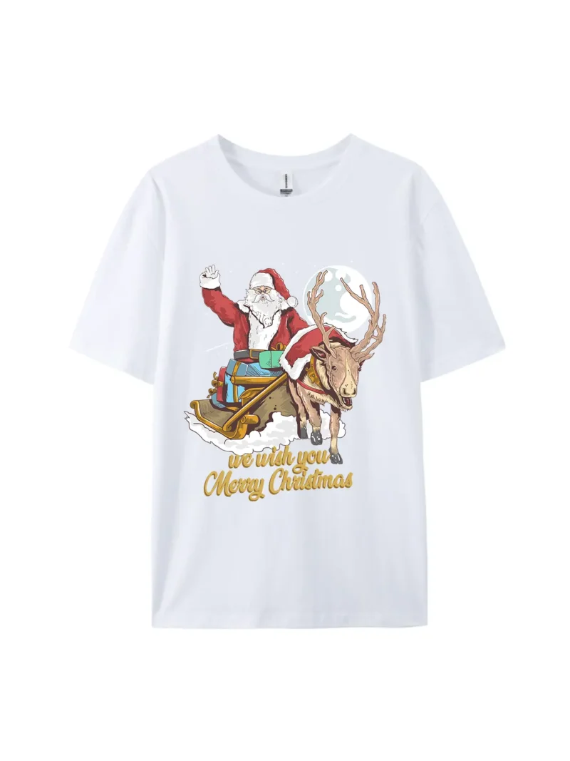 Santa Claus in Sleigh with Reindeer Graphic Tee - Image 3