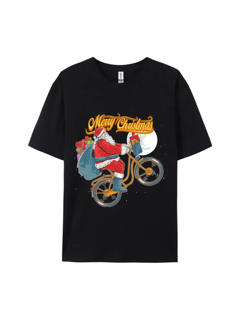 Santa Claus on Bicycle with Gifts Graphic Tee - Image 2
