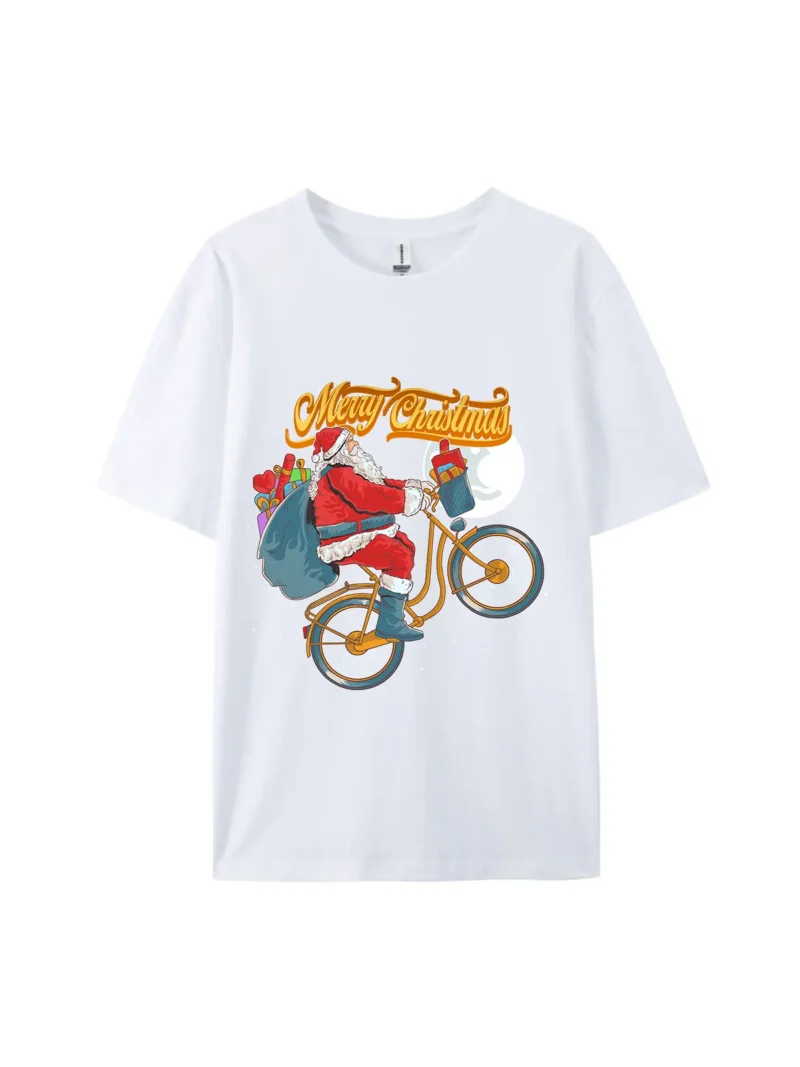 Santa Claus on Bicycle with Gifts Graphic Tee - Image 3