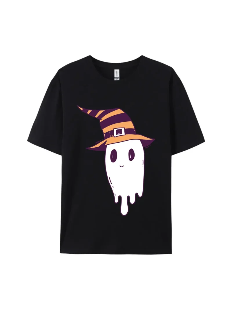 Ghost with Striped Witch Hat Graphic Tee - Image 2