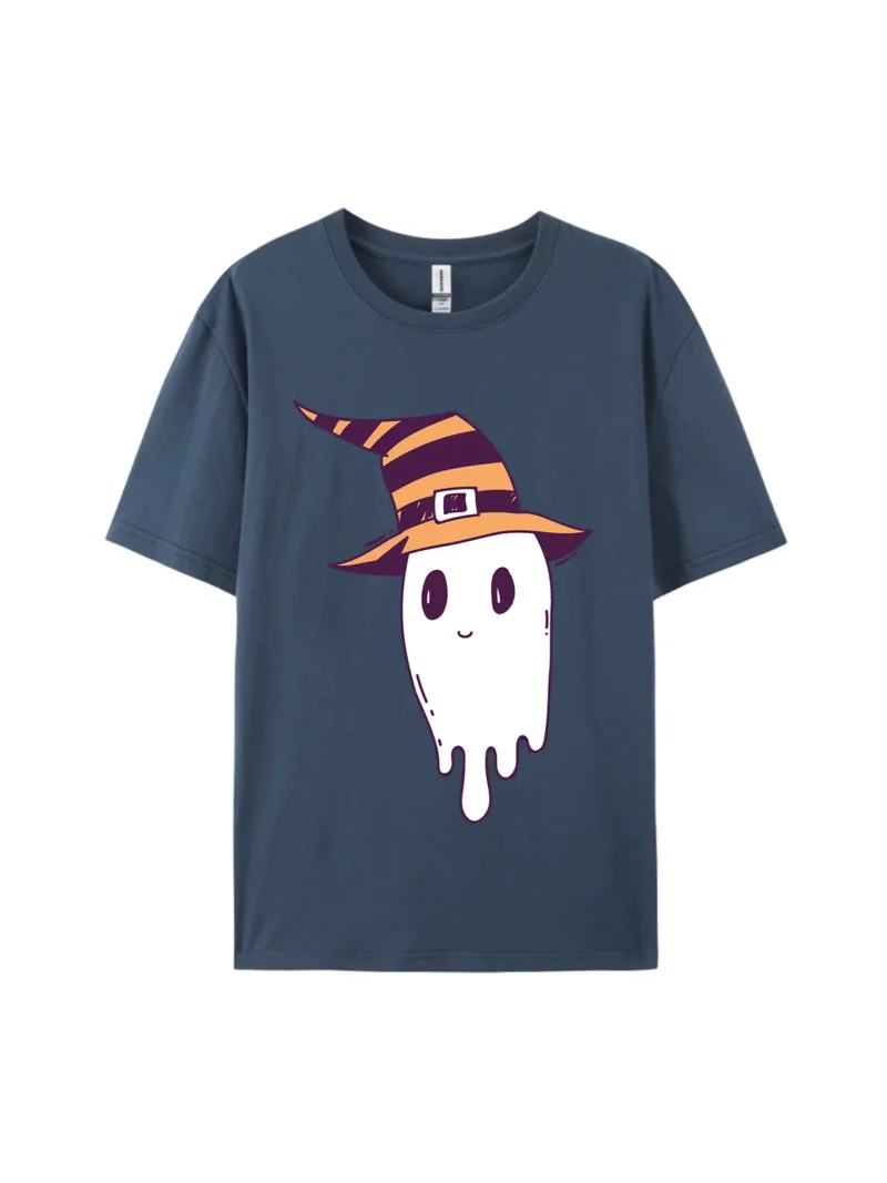 Ghost with Striped Witch Hat Graphic Tee - Image 3