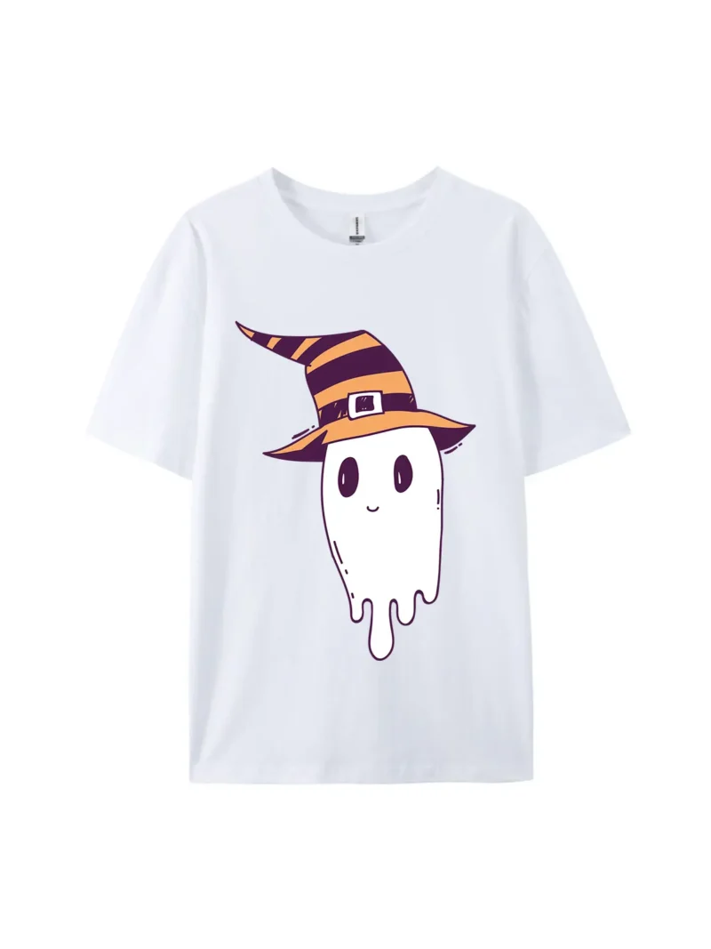 Ghost with Striped Witch Hat Graphic Tee - Image 4
