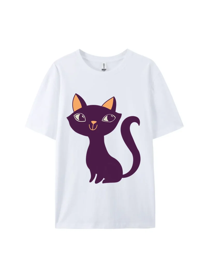 Halloween Cartoon Purple Cat Graphic Tee - Image 4