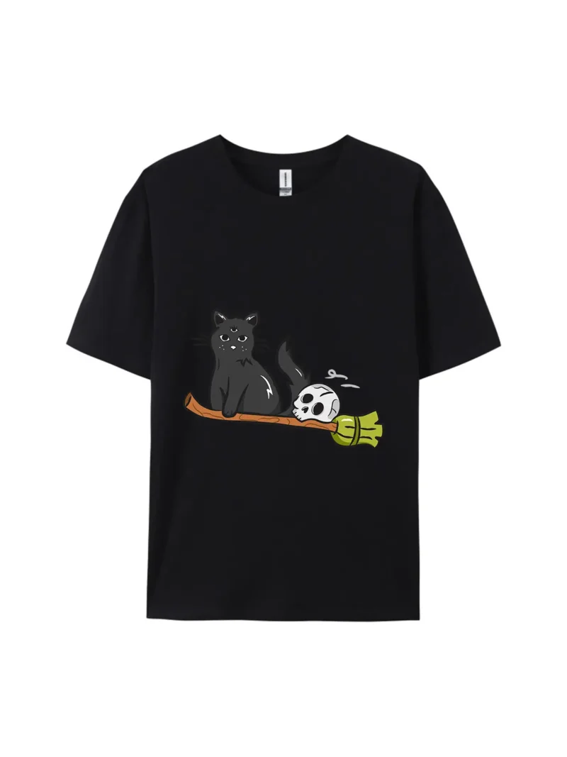Halloween Black Cat and Skull Graphic Tee - Image 2