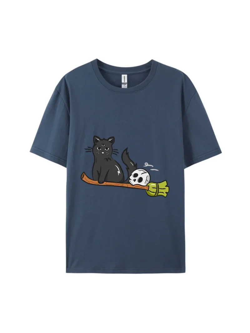 Halloween Black Cat and Skull Graphic Tee - Image 3