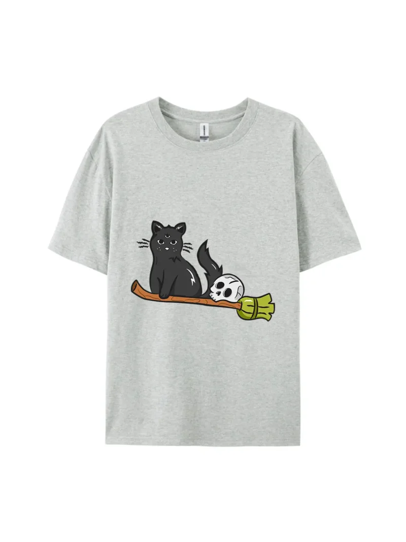 Halloween Black Cat and Skull Graphic Tee - Image 4