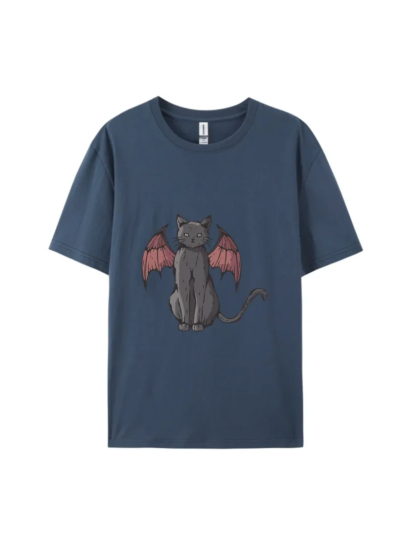 Halloween Black Cat with Bat Wings Graphic Tee - Image 3