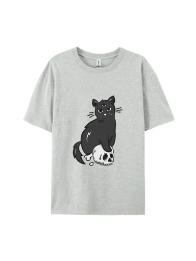 Halloween Cartoon Black Cat on Skull Graphic Tee