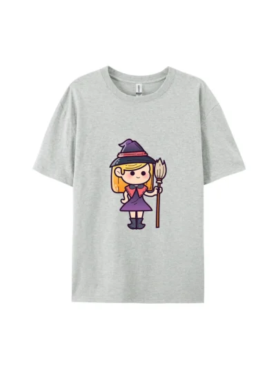 Halloween Cartoon Witch with Broom Graphic Tee